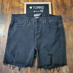 Torrid Sky High Skinny Premium Stretch Black Distressed Shorts, Size 16R